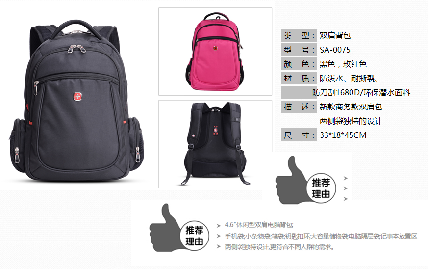 swissgear瑞士军刀双肩背包SA-0075  价格：258元